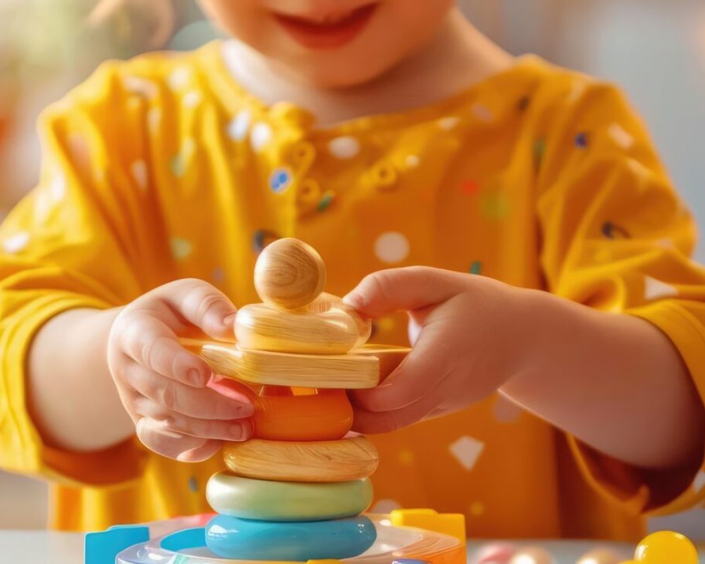 Child with Autism engaged in occupational therapy, colorful playroom, therapist support, sensory toys, focused activity, inclusive care, developmental support